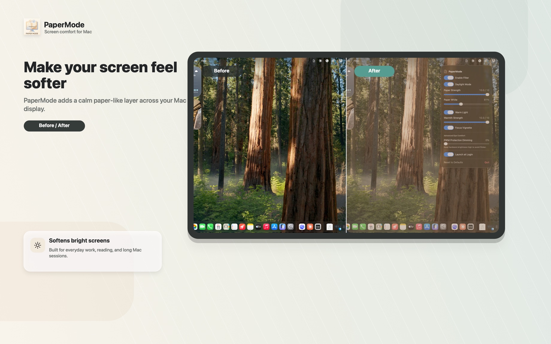 A before-and-after split of a Mac desktop showing PaperMode softening the screen