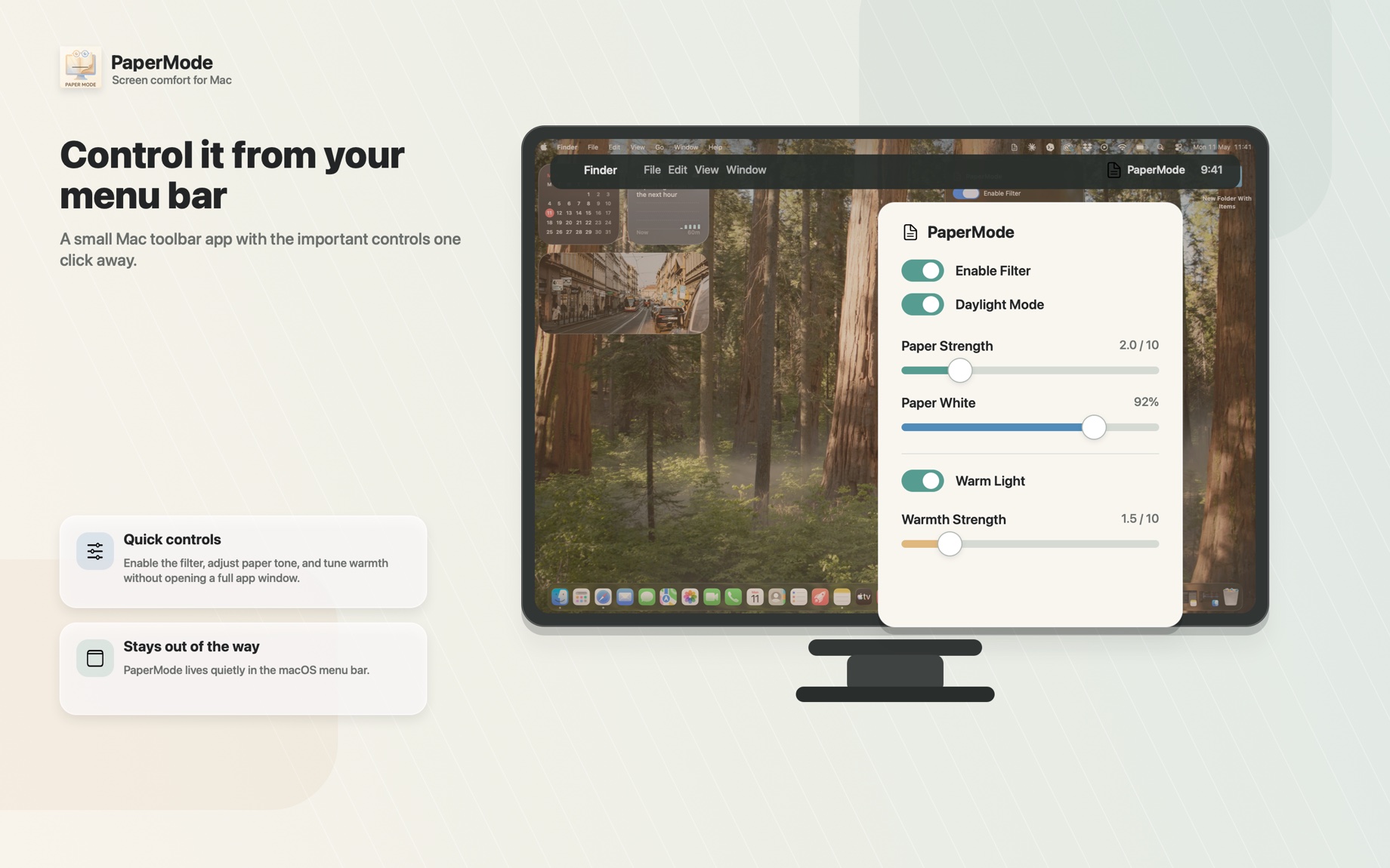 The PaperMode controls in the macOS menu bar