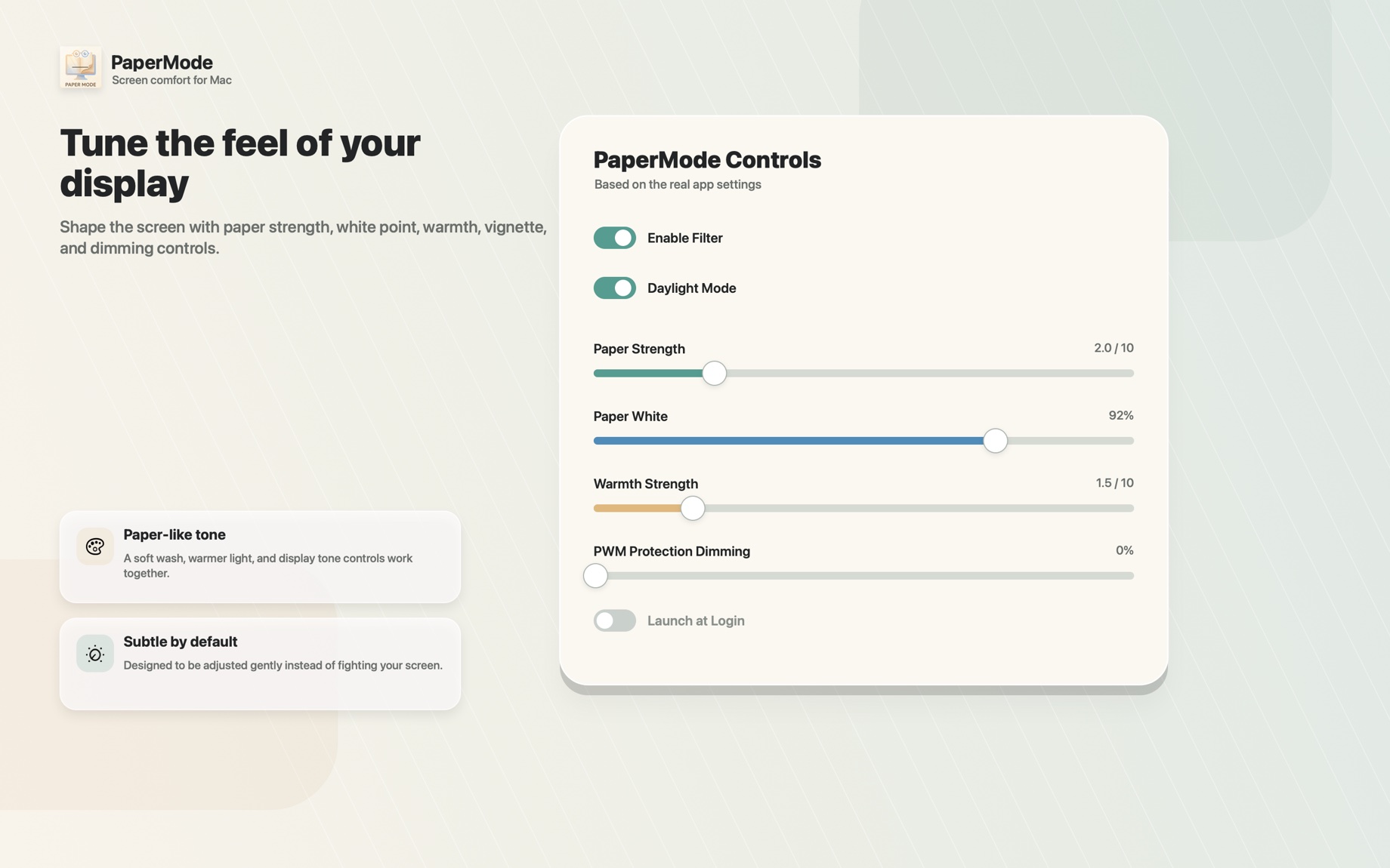 PaperMode control panel with paper strength, paper white, warmth and dimming sliders