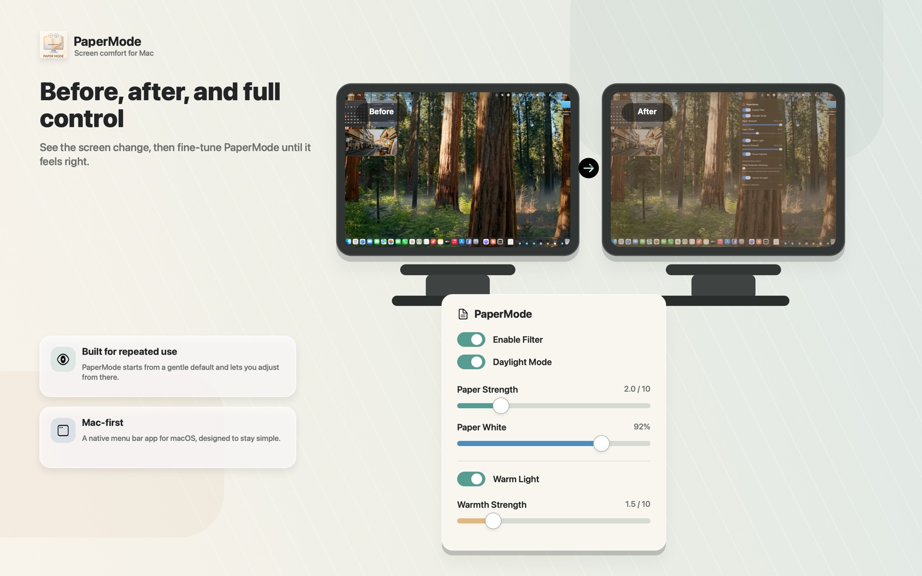 Before and after displays side by side with the full PaperMode controls